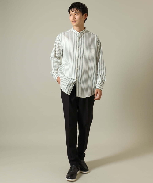 a.v.v（アーヴェヴェ）の「【やわらかい着心地】ランダムストライプ柄ツイルセミワイドシルエットバンドシャツ（シャツ/ブラウス・メンズ・グリーン/ブラック・46/48/50）」の3枚目の写真
