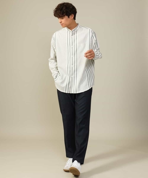 a.v.v（アーヴェヴェ）の「【やわらかい着心地】ランダムストライプ柄ツイルセミワイドシルエットバンドシャツ（シャツ/ブラウス・メンズ・グリーン/ブラック・46/48/50）」の6枚目の写真