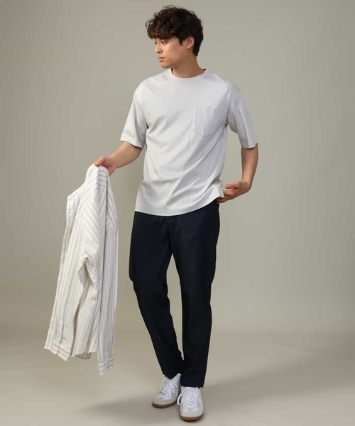 a.v.v（アーヴェヴェ）の「【やわらかい着心地】ランダムストライプ柄ツイルセミワイドシルエットバンドシャツ（シャツ/ブラウス・メンズ・グリーン/ブラック・46/48/50）」の9枚目の写真