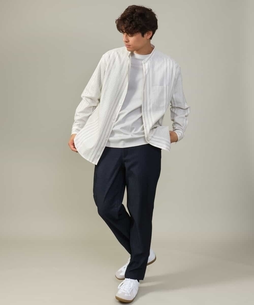 a.v.v（アーヴェヴェ）の「【やわらかい着心地】ランダムストライプ柄ツイルセミワイドシルエットバンドシャツ（シャツ/ブラウス・メンズ・グリーン/ブラック・46/48/50）」の10枚目の写真