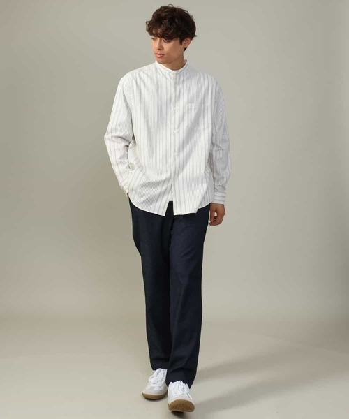 a.v.v（アーヴェヴェ）の「【やわらかい着心地】ランダムストライプ柄ツイルセミワイドシルエットバンドシャツ（シャツ/ブラウス・メンズ・グリーン/ブラック・46/48/50）」の12枚目の写真