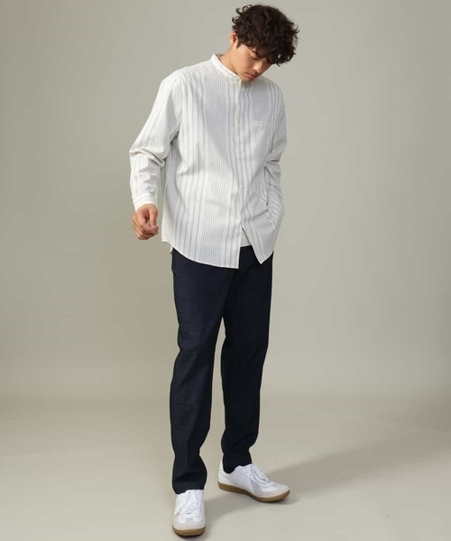 a.v.v（アーヴェヴェ）の「【やわらかい着心地】ランダムストライプ柄ツイルセミワイドシルエットバンドシャツ（シャツ/ブラウス・メンズ・グリーン/ブラック・46/48/50）」の13枚目の写真