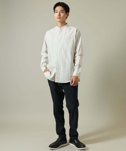 a.v.v（アーヴェヴェ）の「【やわらかい着心地】ランダムストライプ柄ツイルセミワイドシルエットバンドシャツ（シャツ/ブラウス・メンズ・グリーン/ブラック・46/48/50）」の14枚目の写真