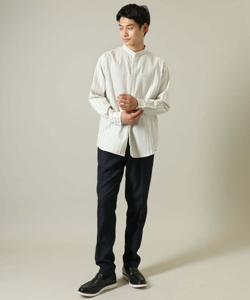 a.v.v（アーヴェヴェ）の「【やわらかい着心地】ランダムストライプ柄ツイルセミワイドシルエットバンドシャツ（シャツ/ブラウス・メンズ・グリーン/ブラック・46/48/50）」の16枚目の写真