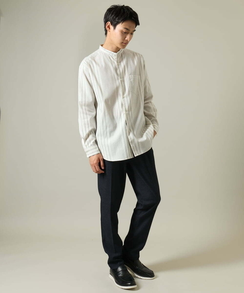 a.v.v（アーヴェヴェ）の「【やわらかい着心地】ランダムストライプ柄ツイルセミワイドシルエットバンドシャツ（シャツ/ブラウス・メンズ・グリーン/ブラック・46/48/50）」の17枚目の写真