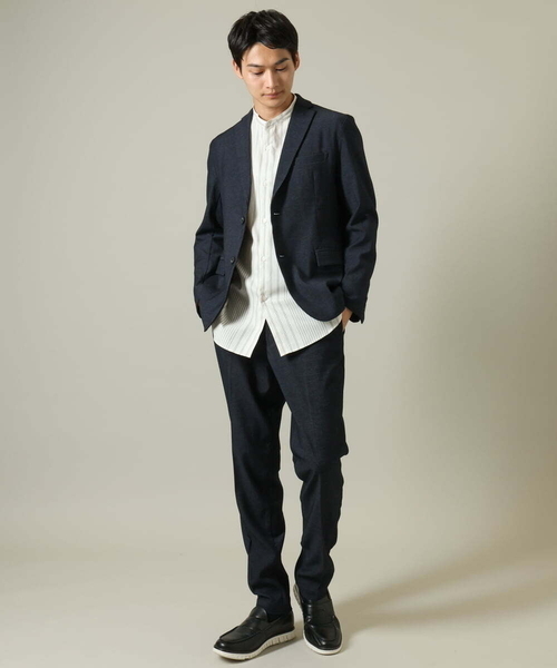 a.v.v（アーヴェヴェ）の「【やわらかい着心地】ランダムストライプ柄ツイルセミワイドシルエットバンドシャツ（シャツ/ブラウス・メンズ・グリーン/ブラック・46/48/50）」の19枚目の写真