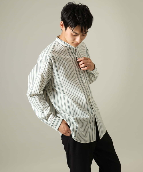 a.v.v（アーヴェヴェ）の「【やわらかい着心地】ランダムストライプ柄ツイルセミワイドシルエットバンドシャツ（シャツ/ブラウス・メンズ・グリーン/ブラック・46/48/50）」の21枚目の写真