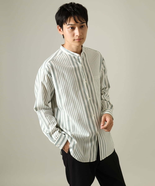 a.v.v（アーヴェヴェ）の「【やわらかい着心地】ランダムストライプ柄ツイルセミワイドシルエットバンドシャツ（シャツ/ブラウス・メンズ・グリーン/ブラック・46/48/50）」の22枚目の写真