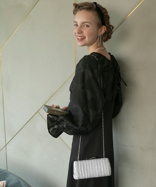 BONLECILL noir】2wayサテンプリーツリボンクラッチバッグ／ショルダー