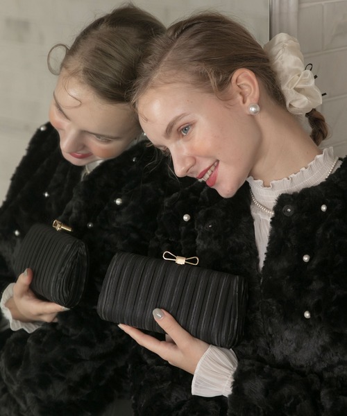 BONLECILL noir】2wayサテンプリーツリボンクラッチバッグ／ショルダー