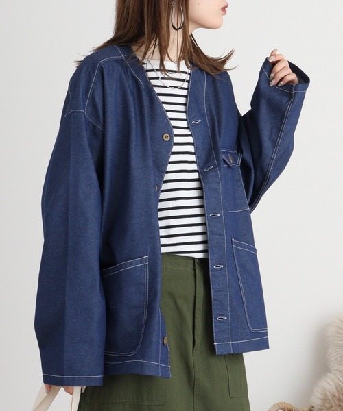 FUNALIVE（ファンアライブ）の「デニムライクシャツカーデ（カーディガン/ボレロ・メンズ・ブラック/インディゴブルー・M/L）」の9枚目の写真
