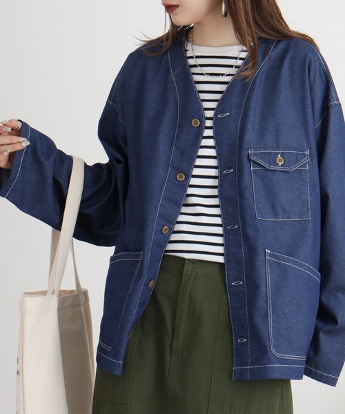 FUNALIVE（ファンアライブ）の「デニムライクシャツカーデ（カーディガン/ボレロ・メンズ・ブラック/インディゴブルー・M/L）」の10枚目の写真