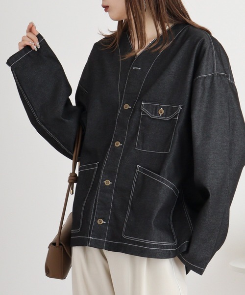 FUNALIVE（ファンアライブ）の「デニムライクシャツカーデ（カーディガン/ボレロ・メンズ・ブラック/インディゴブルー・M/L）」の3枚目の写真