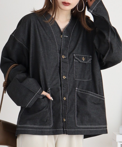 FUNALIVE（ファンアライブ）の「デニムライクシャツカーデ（カーディガン/ボレロ・メンズ・ブラック/インディゴブルー・M/L）」の4枚目の写真