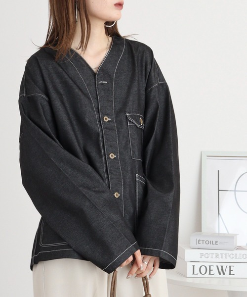 FUNALIVE（ファンアライブ）の「デニムライクシャツカーデ（カーディガン/ボレロ・メンズ・ブラック/インディゴブルー・M/L）」の5枚目の写真