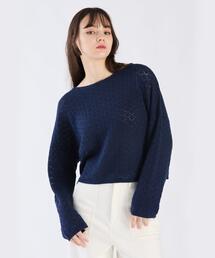アニエスベー　リボン付き青ニットセーター 半袖 agnes b.｜アニエスベーのニット/セーター（ブルー・ネイビー