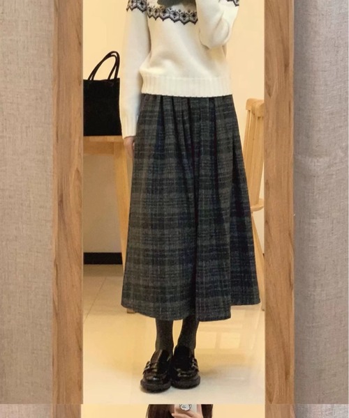 gossip!ロサンゼルス(ゴシップロサンゼルス)の「ウールライクヴィンテージ チェック プリーツ ミディスカート(秋冬の定番スカート)(スカート・レディース・グレー/ブラウン・M/L)」の6枚目の写真