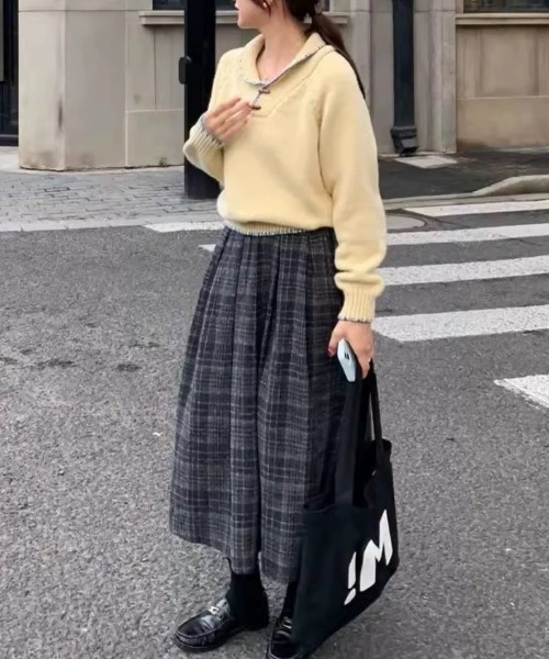 gossip!ロサンゼルス(ゴシップロサンゼルス)の「ウールライクヴィンテージ チェック プリーツ ミディスカート(秋冬の定番スカート)(スカート・レディース・グレー/ブラウン・M/L)」の8枚目の写真