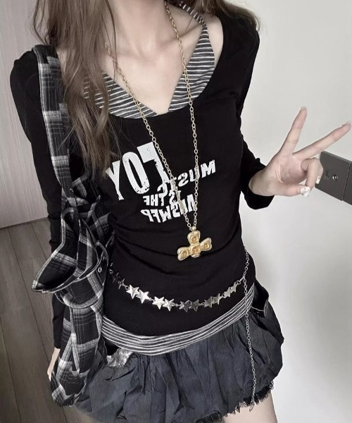 セール】Y2K ボーダーキャミ フェイクレイヤードロンT（Tシャツ 