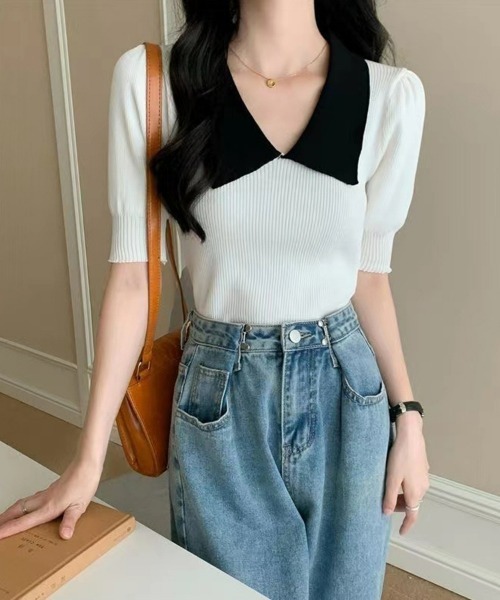 セール】パフスリーブ リブニット サマーニット 配色カラー 二の腕