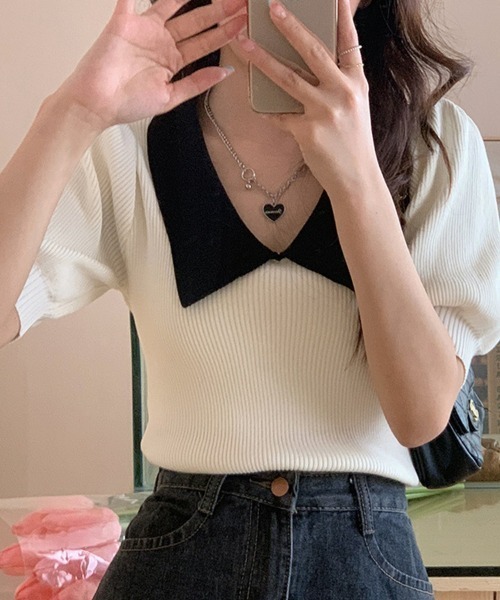 パフスリーブ リブニット サマーニット 配色カラー 二の腕カバー