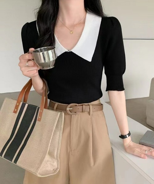 美品☆　ルネ　サマーニット　ボウタイ　バイカラー　パフスリーブ　カットソー セール】パフスリーブ リブニット サマーニット 配色カラー 二の腕