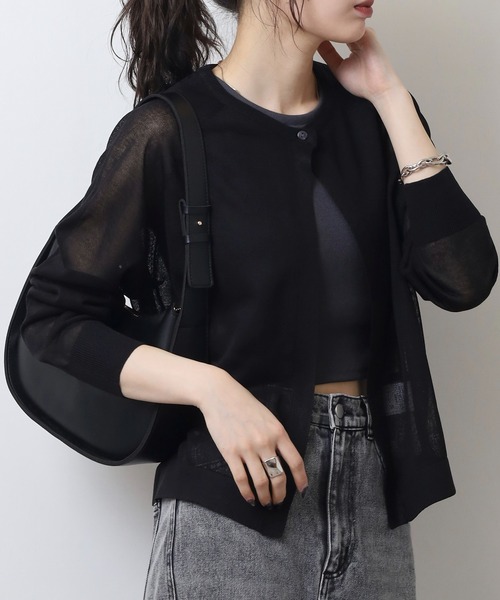 BRODIAEA(ブローディア)の「BRODIAEA 透け感シアーワンボタンカーディガン長袖(カーディガン/ボレロ・レディース・イエロー/グレイッシュベージュ/チェリーレッド/グリーン/オフホワイト/ブルー/ブラック・40)」の13枚目の写真