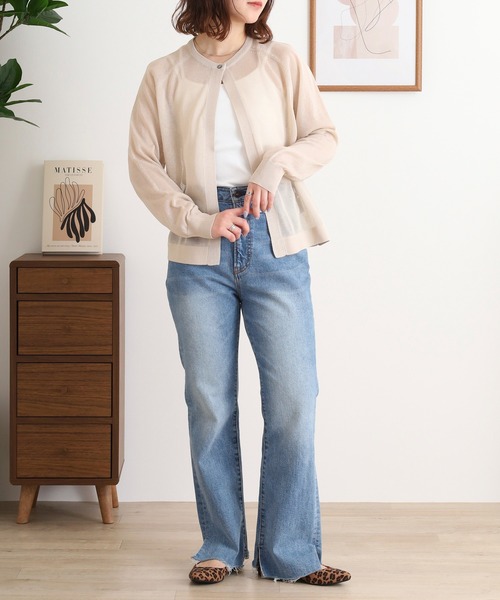 ブローディア BRODIAEA 透け感シアーワンボタンカーディガン長袖 （グレイッシュベージュ） セール】BRODIAEA 透け感シアーワンボタンカーディガン長袖