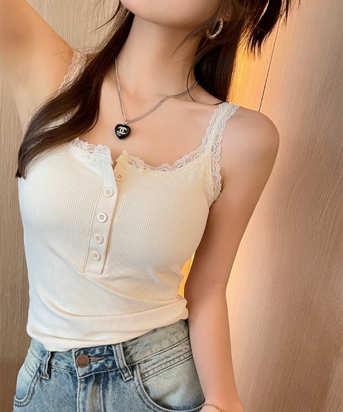 Teem Store(チームストア)の「【カップ付】レースヘンリ―ネックキャミソール(キャミソール・レディース・ブラック/ホワイト/グレー・F)」の10枚目の写真