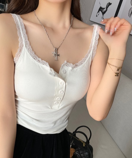 Teem Store(チームストア)の「【カップ付】レースヘンリ―ネックキャミソール(キャミソール・レディース・ブラック/ホワイト/グレー・F)」の22枚目の写真