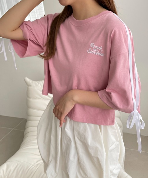 WEGO(ウィゴー)の「WEGO/2ラインリボングラフィックショートT(Tシャツ/カットソー・レディース・ホワイト/ピンク/ブラック・SMALL/MEDIUM)」の9枚目の写真