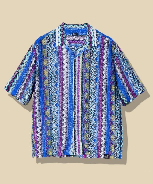 go slow caravan(ゴースローキャラバン)の「透かし編みレース 半袖シャツ(シャツ/ブラウス・メンズ・ブルー/レッド・LARGE/MEDIUM)」の1枚目の写真