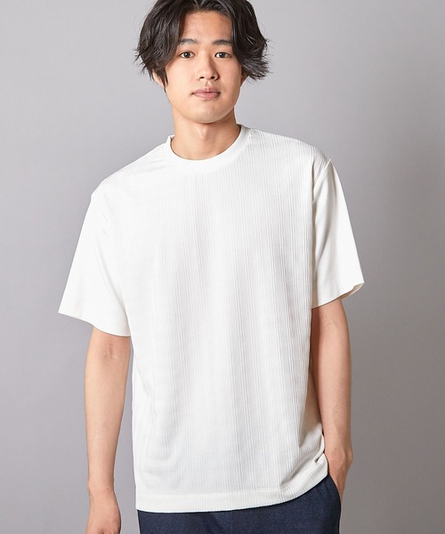 UNION STATION（ユニオンステーション）の「チェックジャガード×袖ポンチ 異素材Tシャツ（Tシャツ/カットソー・メンズ・ホワイト/ネイビー/ブラック・M/L/LL）」の2枚目の写真