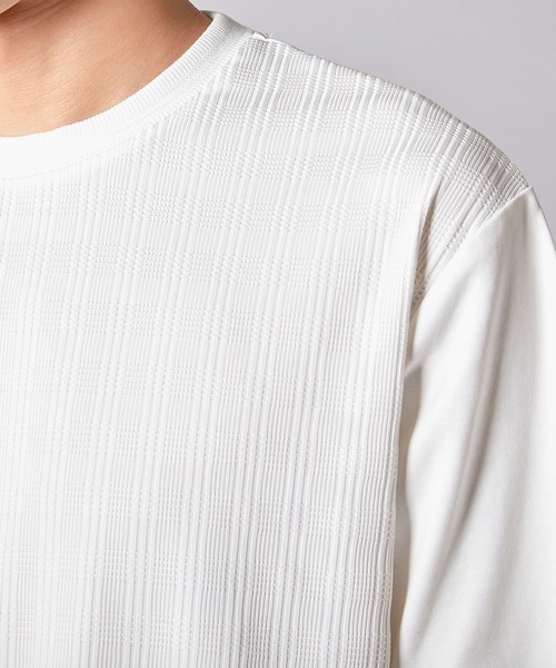 UNION STATION（ユニオンステーション）の「チェックジャガード×袖ポンチ 異素材Tシャツ（Tシャツ/カットソー・メンズ・ホワイト/ネイビー/ブラック・M/L/LL）」の7枚目の写真