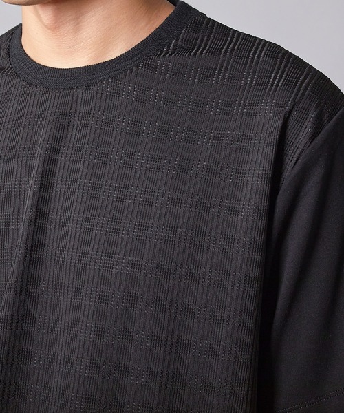 UNION STATION（ユニオンステーション）の「チェックジャガード×袖ポンチ 異素材Tシャツ（Tシャツ/カットソー・メンズ・ホワイト/ネイビー/ブラック・M/L/LL）」の12枚目の写真