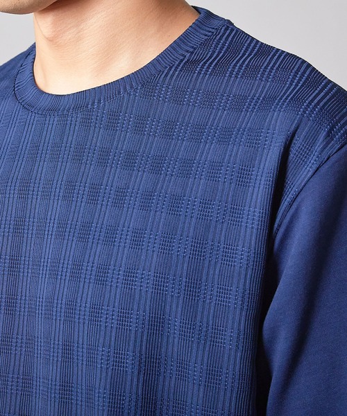 UNION STATION（ユニオンステーション）の「チェックジャガード×袖ポンチ 異素材Tシャツ（Tシャツ/カットソー・メンズ・ホワイト/ネイビー/ブラック・M/L/LL）」の17枚目の写真