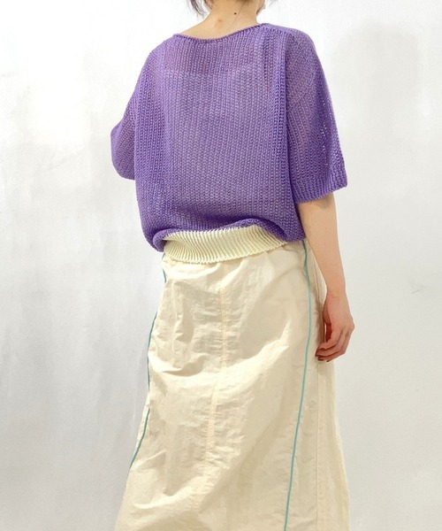 Q（キュー）の「ストローヤーン5分袖ニット（ニット/セーター・レディース・パープル/ホワイト/ライトグレー・MEDIUM）」の18枚目の写真