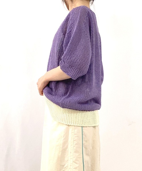 Q（キュー）の「ストローヤーン5分袖ニット（ニット/セーター・レディース・パープル/ホワイト/ライトグレー・MEDIUM）」の17枚目の写真