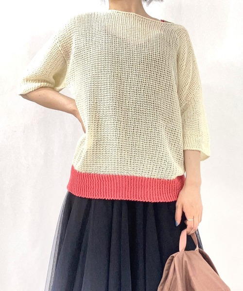 Q（キュー）の「ストローヤーン5分袖ニット（ニット/セーター・レディース・パープル/ホワイト/ライトグレー・MEDIUM）」の19枚目の写真