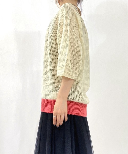 Q（キュー）の「ストローヤーン5分袖ニット（ニット/セーター・レディース・パープル/ホワイト/ライトグレー・MEDIUM）」の20枚目の写真