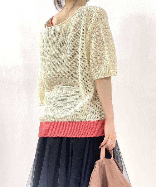 Q（キュー）の「ストローヤーン5分袖ニット（ニット/セーター・レディース・パープル/ホワイト/ライトグレー・MEDIUM）」の21枚目の写真