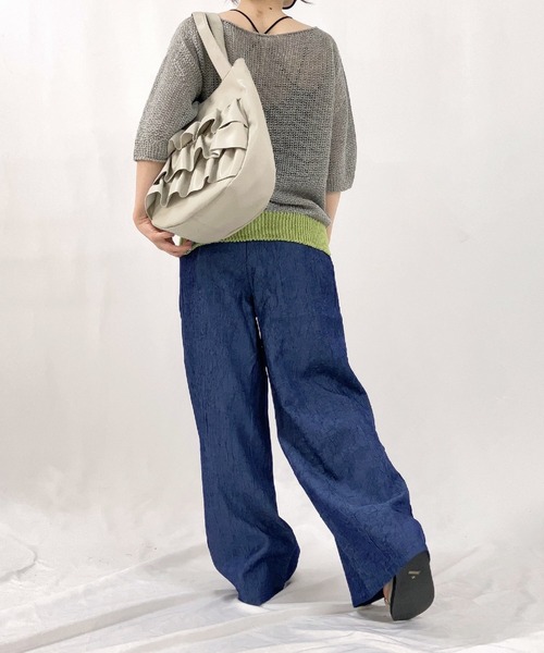 Q（キュー）の「ストローヤーン5分袖ニット（ニット/セーター・レディース・パープル/ホワイト/ライトグレー・MEDIUM）」の6枚目の写真