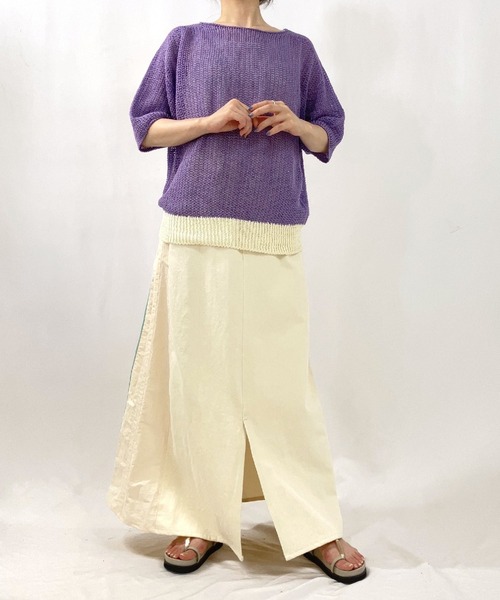 Q（キュー）の「ストローヤーン5分袖ニット（ニット/セーター・レディース・パープル/ホワイト/ライトグレー・MEDIUM）」の8枚目の写真