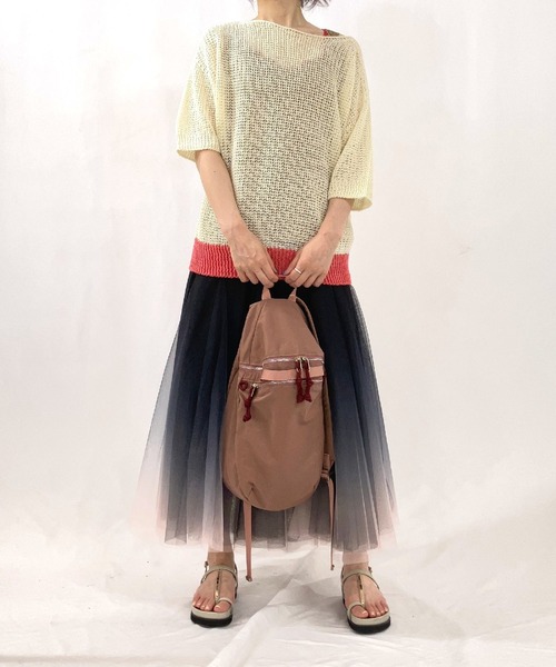 Q（キュー）の「ストローヤーン5分袖ニット（ニット/セーター・レディース・パープル/ホワイト/ライトグレー・MEDIUM）」の12枚目の写真