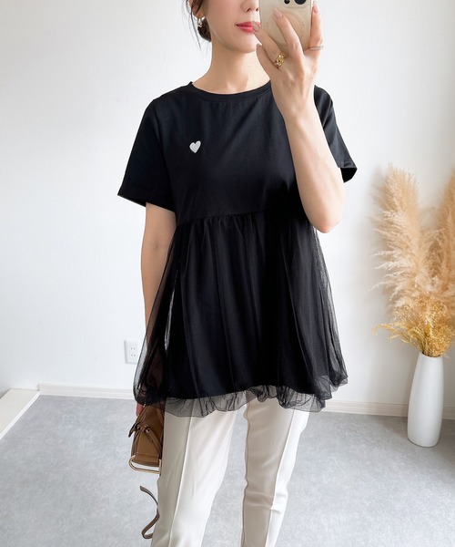 &. NOSTALGIA(アンドドットノスタルジア)の「【ZOZO限定】チュールバルーンハート刺繍Tシャツ(Tシャツ/カットソー・レディース・ブラック/ホワイト・M)」の14枚目の写真