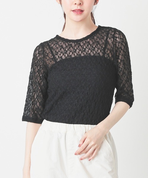 Honeys(ハニーズ)の「総レーストップス(Tシャツ/カットソー・レディース・アイボリー/サックスブルー/ブラック/ブラウン・L/M/S)」の2枚目の写真