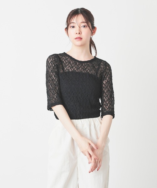Honeys(ハニーズ)の「総レーストップス(Tシャツ/カットソー・レディース・アイボリー/サックスブルー/ブラック/ブラウン・L/M/S)」の8枚目の写真