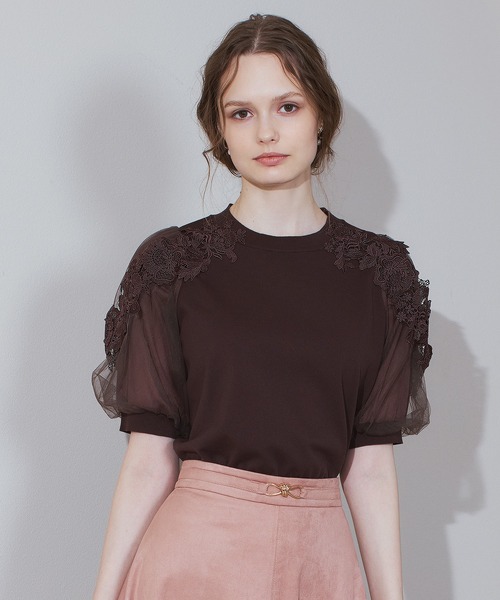 STRAWBERRY-FIELDS（ストロベリーフィールズ）の「ポーツポリー_チュール*レースバルーンスリーブニット（ニット/セーター・レディース・ブラウン/ベージュ・2）」の2枚目の写真