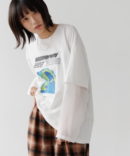 PBLIM(ページボーイリム)の「《UNISEX》シアーレイヤードキャットロンT(Tシャツ/カットソー・レディース・オフホワイト/チャコールグレー・FREE)」の1枚目の写真