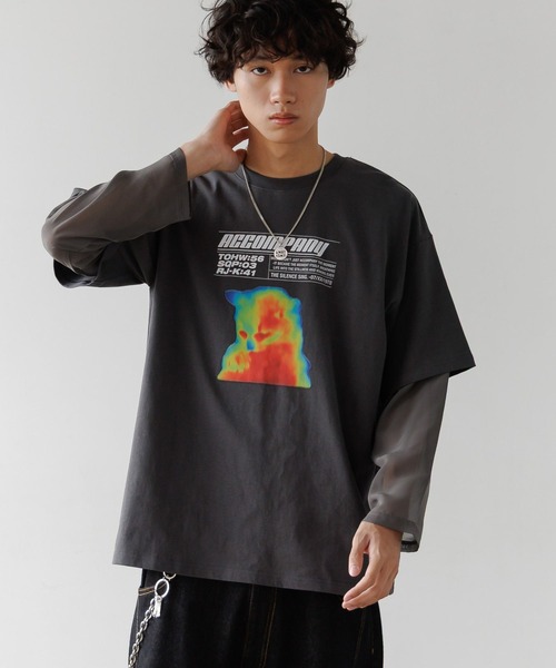 PBLIM(ページボーイリム)の「《UNISEX》シアーレイヤードキャットロンT(Tシャツ/カットソー・レディース・オフホワイト/チャコールグレー・FREE)」の2枚目の写真